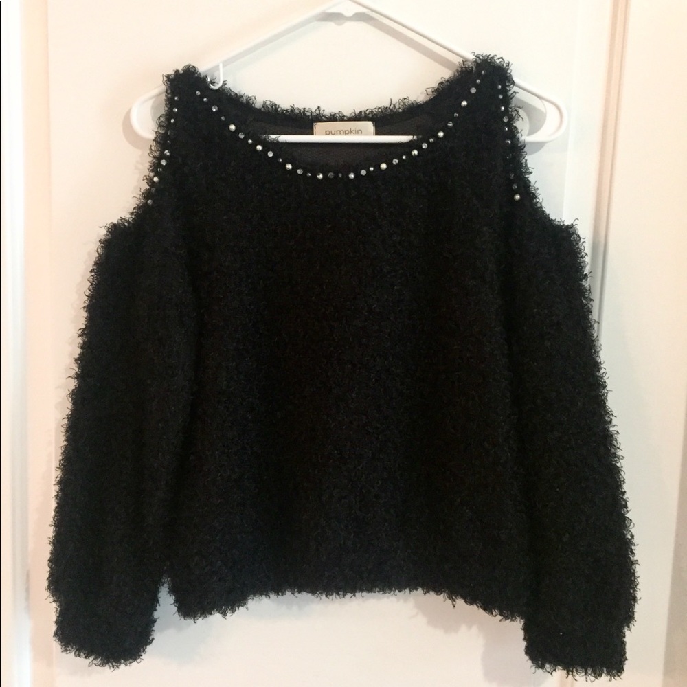 Black sweater cold shoulders with rhinestones